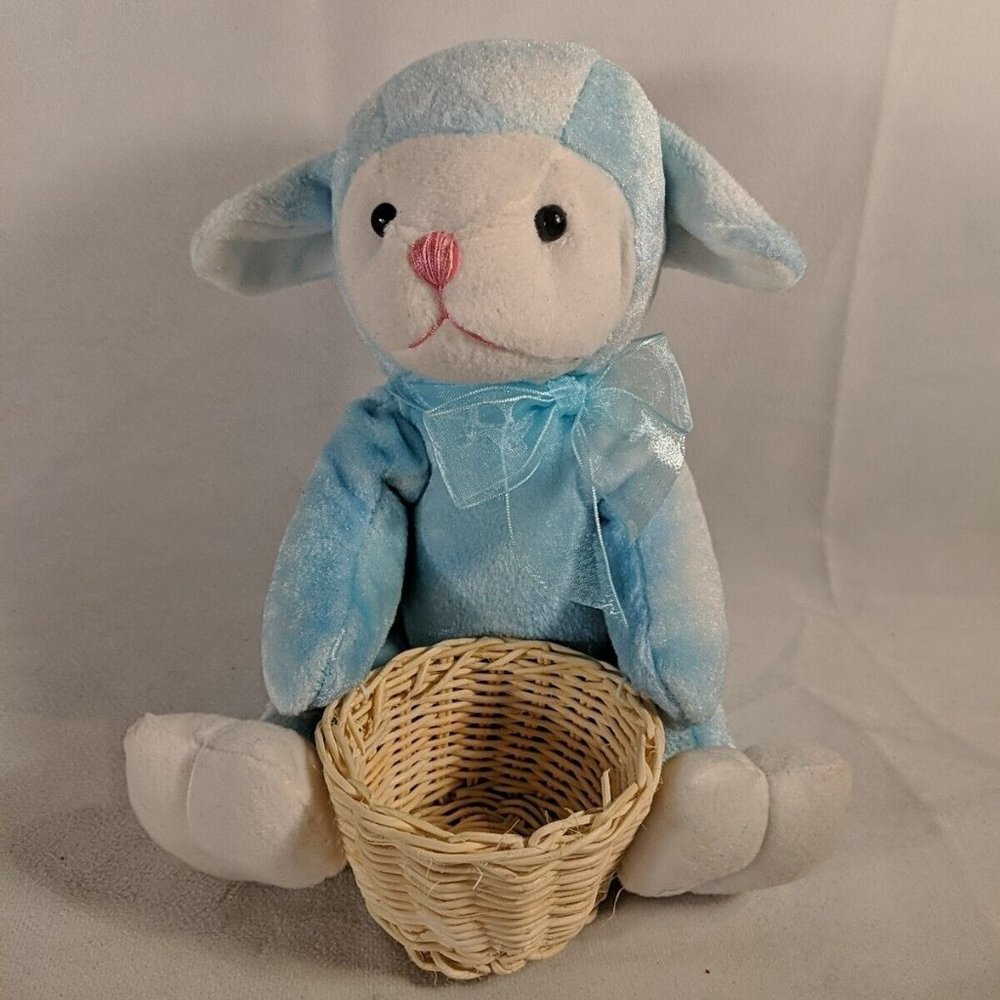 Dan Dee Plush Blue Lamb with Wicker Basket Easter Spring Sheep Stuffed Animal